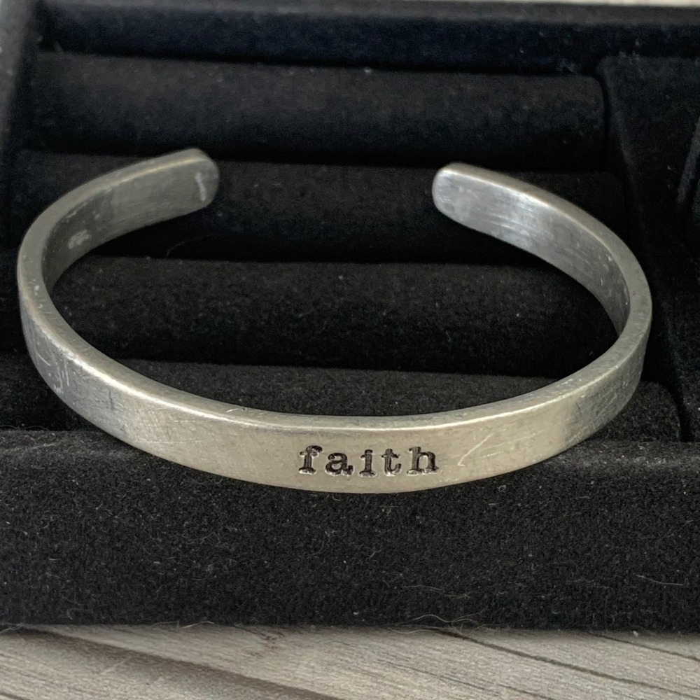 Silver Tone Faith Stamped Cuff Bracelet Inspirational Minimalist Jewelry
